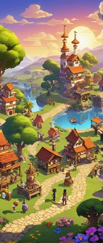 aurora village,alpine village,mountain village,korean folk village,cartoon video game background,resort town,oktoberfest background,knight village,background with stones,villages,fairy village,mountain settlement,meteora,popeye village,landscape background,escher village,dusk background,spa town,an island far away landscape,background images,Illustration,Children,Children 04