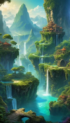 fantasy landscape,mushroom landscape,fantasy picture,cartoon video game background,landscape background,wasserfall,waterfalls,green waterfall,an island far away landscape,karst landscape,fantasy art,ancient city,world digital painting,mountainous landscape,nature landscape,fairy world,3d fantasy,waterfall,futuristic landscape,forest landscape,Illustration,Paper based,Paper Based 10