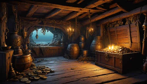 apothecary,treasure chest,collected game assets,tavern,cabin,pirate treasure,candlemaker,maelstrom,dark cabinetry,music chest,wooden sauna,witch's house,wooden hut,laundry room,consulting room,small cabin,wood-burning stove,treasure house,hearth,fireplaces,Illustration,Realistic Fantasy,Realistic Fantasy 04