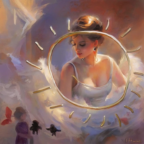 girl with a wheel,the hat of the woman,whirling,girl in a wreath,art deco woman,mystical portrait of a girl,woman's hat,tambourine,parabolic mirror,oil painting on canvas,art deco frame,crystal ball,magic mirror,oil painting,soap bubble,circle shape frame,transistor,yellow sun hat,golden wreath,high sun hat,Conceptual Art,Oil color,Oil Color 03