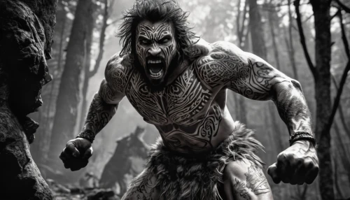 maori,warrior and orc,orc,shaman,forest king lion,shamanism,wolfman,barbarian,shamanic,warlord,neanderthal,forest man,tribal chief,tarzan,werewolf,warrior east,warrior,cave man,lord shiva,daemon,Illustration,Black and White,Black and White 11