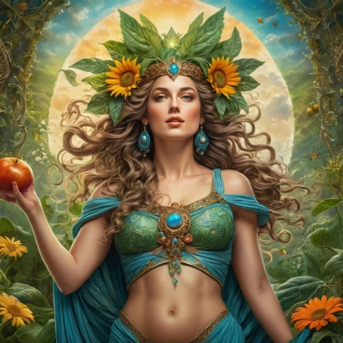 flora,mother earth,fantasy portrait,spring equinox,girl in a wreath,fantasy art,mother nature,virgo,elven flower,girl in flowers,faerie,fantasy picture,fae,fantasy woman,fruit of the sun,spring crown,golden apple,summer solstice,flower fairy,anahata,Photography,General,Fantasy