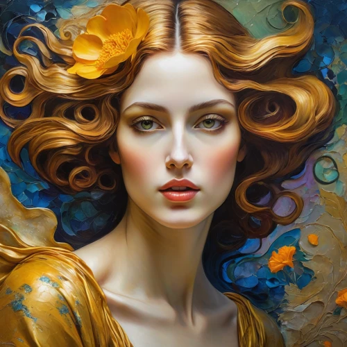 mystical portrait of a girl,golden haired,fantasy portrait,golden crown,gold leaf,gold yellow rose,transistor,gold filigree,fantasy art,mary-gold,oil painting on canvas,gold paint strokes,golden flowers,gold foil mermaid,oil painting,golden apple,romantic portrait,world digital painting,gold paint stroke,gold flower,Illustration,Realistic Fantasy,Realistic Fantasy 30