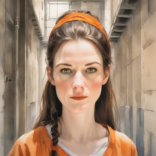 prisoner,orange robes,prison,david bates,portrait of a girl,ron mueck,clementine,woman portrait,girl portrait,artist portrait,the girl at the station,portrait of a woman,girl in a historic way,orange,beret,young woman,girl in the kitchen,woman holding pie,girl with bread-and-butter,oil painting,Digital Art,Watercolor