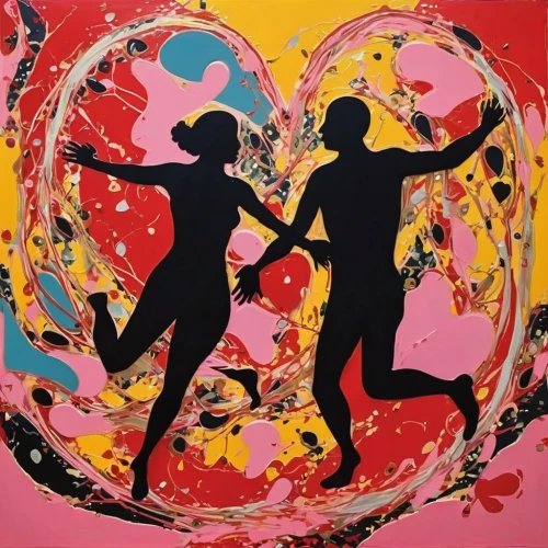 hoop (rhythmic gymnastics),dancing couple,dance with canvases,ball (rhythmic gymnastics),ballroom dance silhouette,two people,dance silhouette,salsa dance,love dance,oil painting on canvas,circle paint,couple silhouette,silhouette art,rainbow jazz silhouettes,two hearts,dancers,cool pop art,art painting,love in air,latin dance,Photography,General,Realistic