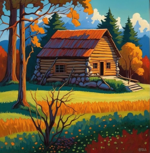 cottage,country cottage,summer cottage,home landscape,autumn landscape,log cabin,fall landscape,rural landscape,house in the forest,little house,small cabin,autumn idyll,farm hut,small house,wooden hut,farmhouse,the cabin in the mountains,autumn camper,cottages,lonely house,Illustration,American Style,American Style 05