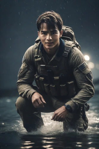 the man in the water,version john the fisherman,kai,water police,aquanaut,under the water,god of the sea,swat,gale,paratrooper,dry suit,water turtle,jon boat,sea man,noah,marine,in water,submerged,lago grey,digital compositing,Photography,Cinematic