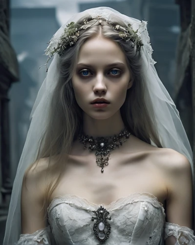 dead bride,bridal clothing,gothic fashion,gothic portrait,bridal jewelry,bridal,gothic style,vampire woman,gothic woman,bridal accessory,jessamine,bride,vampire lady,wedding dresses,white rose snow queen,bridal veil,bridal dress,silver wedding,dark gothic mood,the angel with the veronica veil,Conceptual Art,Fantasy,Fantasy 29