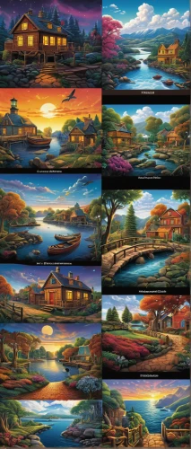 backgrounds,cottages,picture puzzle,floating huts,frederic church,landscape background,paintings,wooden houses,landscapes,houses clipart,painting technique,boat landscape,islands,villages,panoramic landscape,floating islands,boats,aurora village,backgrounds texture,dusk background,Conceptual Art,Daily,Daily 33