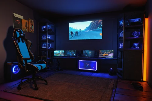 game room,computer room,monitor wall,little man cave,blue room,modern room,monitors,computer workstation,playing room,entertainment center,fractal design,great room,setup,creative office,recreation room,aqua studio,computer desk,screens,home cinema,music workstation,Photography,Documentary Photography,Documentary Photography 24