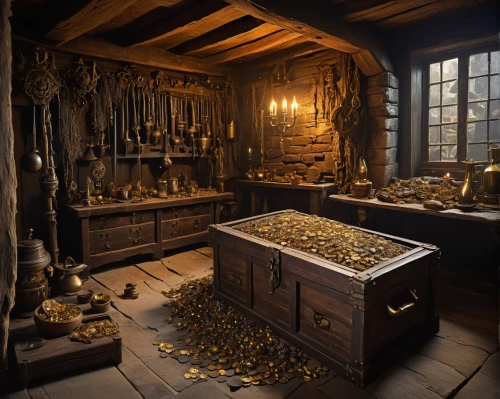 apothecary,dark cabinetry,treasure chest,cabinetry,gold shop,candlemaker,dandelion hall,danish room,treasure house,tinsmith,victorian kitchen,ornate room,music chest,antiquariat,witch's house,wine cellar,watchmaker,nest workshop,house jewelry,writing desk,Illustration,Realistic Fantasy,Realistic Fantasy 24