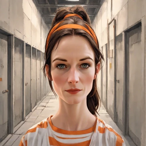 clementine,orange robes,prisoner,orange,prison,the girl at the station,portrait of a girl,girl portrait,girl in the kitchen,the girl's face,audrey,artist portrait,aperol,woman portrait,retro woman,woman holding pie,young woman,girl with bread-and-butter,princess leia,digital painting,Digital Art,Comic