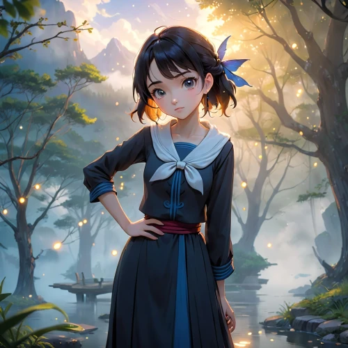 meteora,vanessa (butterfly),mystical portrait of a girl,fairy tale character,snow white,japanese sakura background,hanbok,country dress,studio ghibli,game illustration,cg artwork,laika,anime japanese clothing,fantasy portrait,cute cartoon character,alice,a girl in a dress,disney character,school skirt,fable,Anime,Anime,General