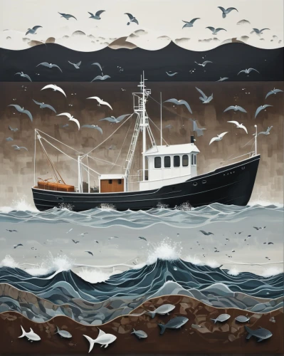 fishing trawler,capelin,fishing boat,commercial fishing,david bates,fishing boats,wherry,fishing vessel,lifeboat,pilot boat,naval trawler,arklow wind,forage fish,mariner,fishing cutter,shrimp boats,olle gill,boat on sea,fishermen,nautical bunting,Conceptual Art,Oil color,Oil Color 13