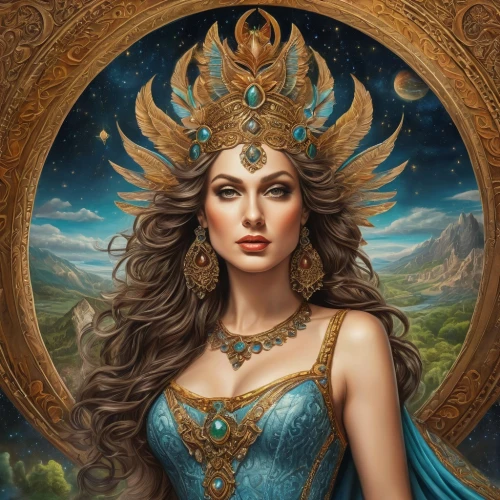 fantasy portrait,fantasy art,zodiac sign libra,fantasy woman,celtic queen,artemisia,the enchantress,cleopatra,miss circassian,queen of the night,fantasy picture,golden crown,athena,sorceress,world digital painting,priestess,queen crown,the zodiac sign pisces,goddess of justice,portrait background,Photography,General,Fantasy