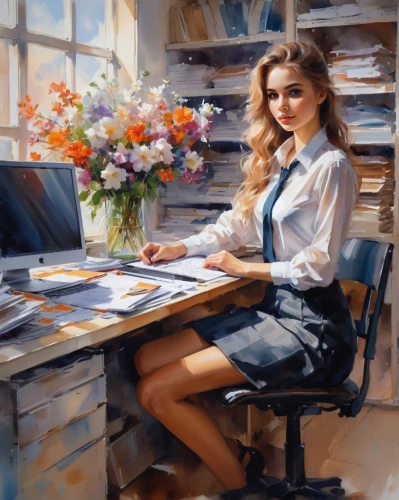 secretary,girl studying,girl at the computer,office worker,study room,secretary desk,in a working environment,study,office desk,desk,artist portrait,workroom,office,working space,tutor,receptionist,classroom,italian painter,businesswoman,modern office,Conceptual Art,Oil color,Oil Color 03