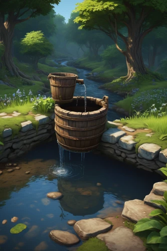 mountain spring,wishing well,water mill,water spring,water wheel,water trough,wooden barrel,devilwood,crescent spring,wine barrel,the brook,rain barrel,friendship sloop,raft guide,fish pond,log bridge,druid grove,garden pond,fishing float,collected game assets,Illustration,Realistic Fantasy,Realistic Fantasy 04