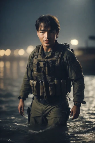 the man in the water,submarine,the people in the sea,lifejacket,marine,lost in war,dry suit,man at the sea,god of the sea,kojima,the shallow sea,children of war,iraq,aquanaut,gunkanjima,war correspondent,el mar,brown sailor,ballistic vest,submersible,Photography,Cinematic