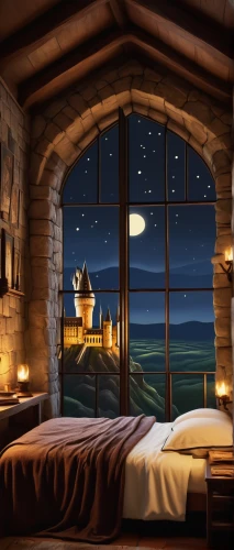 sleeping room,romantic night,bedroom window,four-poster,great room,starry night,fantasy picture,four poster,night scene,starry sky,the cabin in the mountains,night image,romantic scene,fantasy landscape,dreamland,hobbiton,cartoon video game background,dream,dreams,bedroom,Art,Artistic Painting,Artistic Painting 39