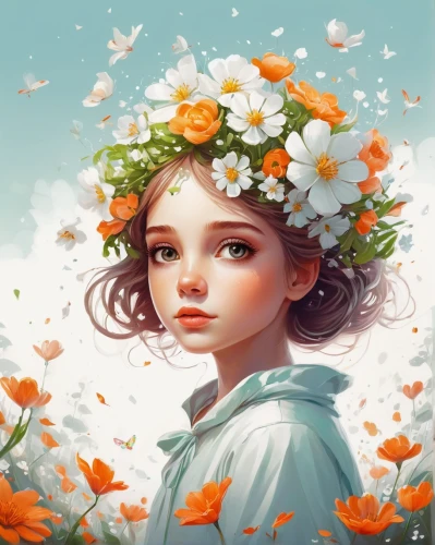 girl in flowers,girl in a wreath,flower crown,flower girl,girl picking flowers,flower fairy,spring crown,blooming wreath,beautiful girl with flowers,flower hat,flora,falling flowers,wreath of flowers,orange blossom,kahila garland-lily,flower background,jasmine blossom,blossoms,floral wreath,springtime background,Conceptual Art,Fantasy,Fantasy 21