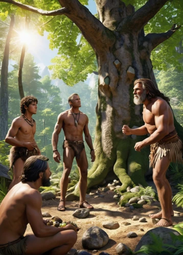 neanderthals,human evolution,stone age,prehistory,paleolithic,game illustration,neanderthal,ancient people,prehistoric art,primitive people,neo-stone age,massively multiplayer online role-playing game,men sitting,caveman,aborigines,wrestlers,cave man,male poses for drawing,nudism,prehistoric,Illustration,American Style,American Style 04