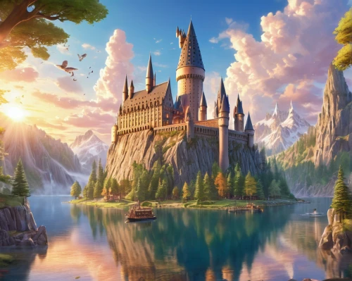 hogwarts,fairy tale castle,fantasy landscape,fairytale castle,fantasy picture,fantasy world,water castle,3d fantasy,fantasy city,disney castle,cinderella's castle,fairy tale,a fairy tale,knight's castle,fairytale,fantasy art,magical adventure,castle of the corvin,walt disney world,elves flight,Illustration,Japanese style,Japanese Style 01