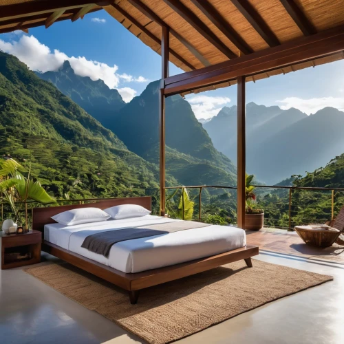 moorea,roof landscape,canopy bed,chalet,house in mountains,eco hotel,seychelles,tropical house,great room,house in the mountains,sleeping room,beautiful home,mountain range,mountain huts,bed in the cornfield,crib,the cabin in the mountains,guest room,napali,boutique hotel,Photography,General,Realistic
