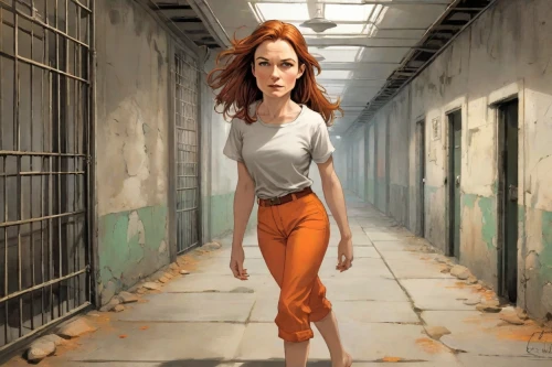 prisoner,prison,queen cage,clary,photoshop manipulation,detention,woman walking,clementine,half life,girl walking away,orange,digital compositing,handcuffed,cage,pedestrian,women clothes,arbitrary confinement,mary jane,croft,fool cage,Digital Art,Comic