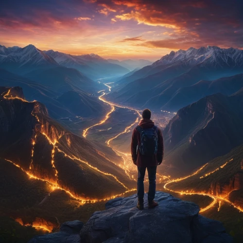 the spirit of the mountains,fire in the mountains,the mystical path,fire background,mountain sunrise,games of light,fantasy picture,road of the impossible,ascension,connectedness,background image,guiding light,the path,world digital painting,the way of nature,transcendence,photo manipulation,nature and man,the pillar of light,pilgrimage,Photography,General,Commercial