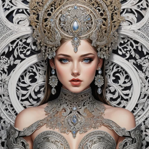 headpiece,oriental princess,venetian mask,headdress,filigree,bridal accessory,diadem,ornate,fantasy art,masquerade,asian costume,miss circassian,imperial crown,fantasy portrait,suit of the snow maiden,crown render,ice queen,the snow queen,the carnival of venice,the enchantress,Illustration,Black and White,Black and White 03