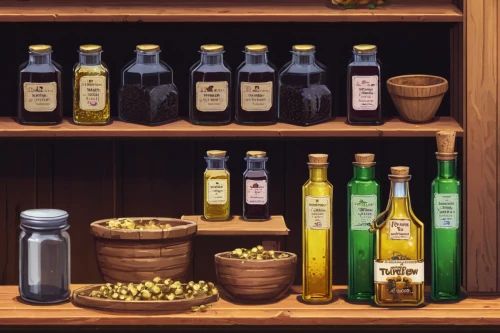 apothecary,brandy shop,cooking oil,glass bottles,potions,aniseed liqueur,olive oil,liqueur,oils,bottles,natural oil,spice rack,herbs and spices,walnut oil,village shop,edible oil,medicinal materials,wine bottles,honey products,sesame oil,Illustration,Black and White,Black and White 10
