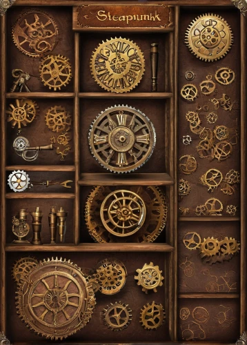 steampunk gears,steampunk,clockmaker,clockwork,watchmaker,armoire,compartments,digiscrap,antique background,steamer trunk,mechanical puzzle,treasure chest,antiquariat,chest of drawers,grandfather clock,gear shaper,ships wheel,ship's wheel,cupboard,pirate treasure,Illustration,Realistic Fantasy,Realistic Fantasy 13