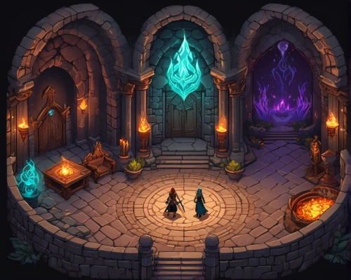 dungeon,dungeons,mausoleum ruins,hall of the fallen,witch's house,castle iron market,crypt,apothecary,catacombs,ornate room,druid grove,chamber,marketplace,portal,tavern,collected game assets,treasure hall,wine cellar,game illustration,stone garden,Illustration,Retro,Retro 08