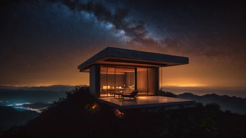 sky apartment,sky space concept,lookout tower,observation tower,observation deck,the cabin in the mountains,the observation deck,house in mountains,cubic house,fire tower,observatory,night light,nightscape,stargazing,night image,above the clouds,lonely house,night sky,mirror house,nightlight,Illustration,Vector,Vector 03