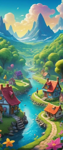 cartoon video game background,fantasy landscape,landscape background,aurora village,an island far away landscape,alpine village,mountain village,home landscape,children's background,oktoberfest background,mountain settlement,mountainous landscape,river landscape,fairy village,mushroom landscape,resort town,mountain landscape,popeye village,mountain valley,backgrounds,Art,Artistic Painting,Artistic Painting 02