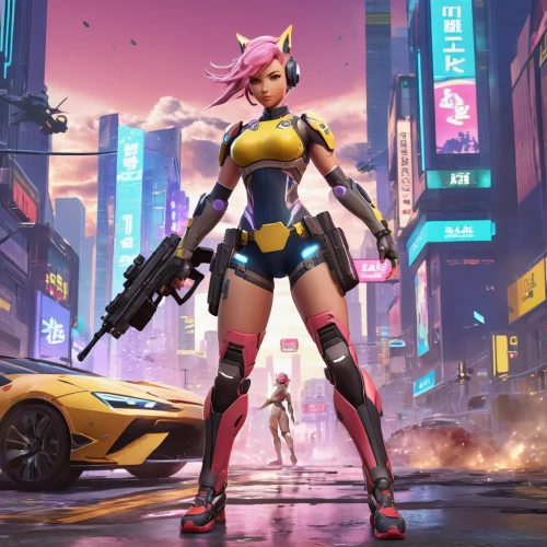 tracer,nova,symetra,fox,girl with a gun,hk,game art,game illustration,girl with gun,cg artwork,would a background,cyberpunk,fennec,widowmaker,desert fox,pink cat,mobile video game vector background,kat,pink vector,nico,Illustration,Japanese style,Japanese Style 01