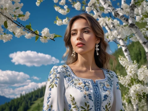 jasmin flower,girl in flowers,argan tree,beautiful girl with flowers,jasmin,spring background,white blossom,ukrainian,argan trees,pear blossom,iranian nowruz,springtime background,almond blossoms,russian folk style,argan,novruz,birch tree background,caucasus,white flower cherry,spring nature,Photography,General,Realistic