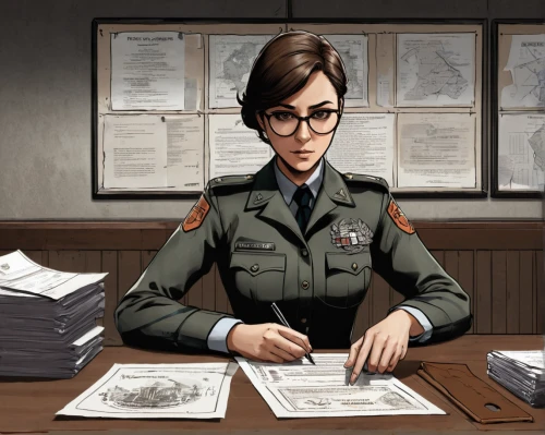 game illustration,civil servant,paperwork,inspector,policewoman,telephone operator,librarian,administrator,secretary,sci fiction illustration,military person,officer,night administrator,receptionist,female doctor,civilian service,a uniform,federal staff,documents,classified,Illustration,Black and White,Black and White 34