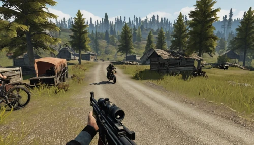 shooter game,screenshot,american frontier,deadwood,rural area,bogart village,military training area,action-adventure game,pc game,bicycle riding,convoy,dirt road,heavy crossbow,country road,bicycle ride,wild west,free fire,rust truck,western,mountain road,Illustration,Realistic Fantasy,Realistic Fantasy 09