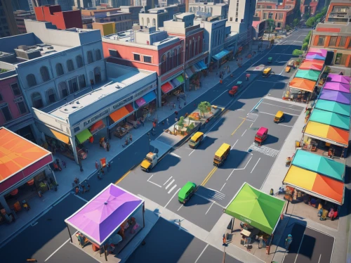 colorful city,shopping street,street fair,marketplace,hippy market,city trans,car hop,chinatown,city blocks,3d render,store fronts,business district,moc chau hill,banana box market,new york streets,meatpacking district,city corner,townscape,pedestrian zone,low poly,Photography,Fashion Photography,Fashion Photography 16