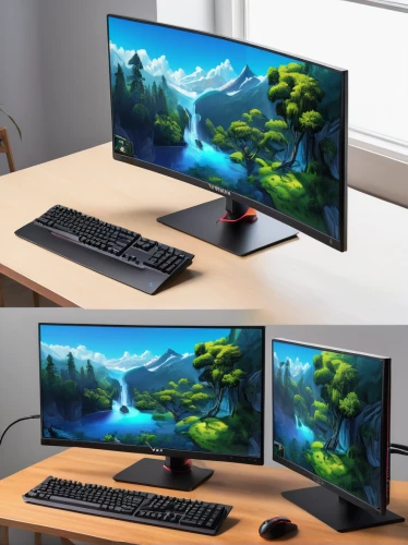 monitors,dual screen,computer monitor,desktop computer,monitor wall,lures and buy new desktop,multi-screen,computer graphics,monitor,computer desk,blur office background,computer workstation,computer screen,fractal design,desk,computer monitor accessory,tablet computer stand,screens,desk top,wooden desk,Illustration,Realistic Fantasy,Realistic Fantasy 04