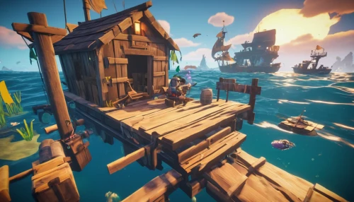 pirate treasure,floating islands,wooden planks,floating huts,collected game assets,galleon ship,tileable,wooden construction,pirate ship,shipwreck,friendship sloop,galleon,docks,floating island,inverted cottage,fisherman's house,wooden pier,the wreck of the ship,shipyard,house by the water,Conceptual Art,Oil color,Oil Color 21