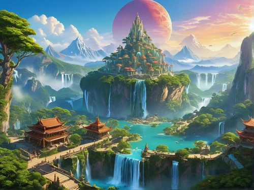 fantasy landscape,ancient city,fantasy world,landscape background,futuristic landscape,fantasy picture,mountainous landscape,chinese background,meteora,fantasy city,bird kingdom,mushroom landscape,hot-air-balloon-valley-sky,mountain world,fairy world,3d fantasy,world digital painting,cartoon video game background,mountain landscape,high landscape,Illustration,Paper based,Paper Based 09