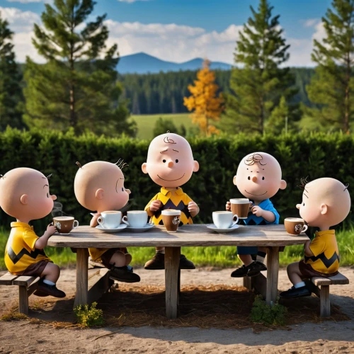 peanuts,kewpie dolls,gnomes at table,family picnic,tea party,little people,popeye village,family gathering,tea time,family dinner,wooden figures,tea zen,teatime,tea party collection,arrowroot family,beekeepers,breakfast table,coffee break,marzipan figures,mulberry family