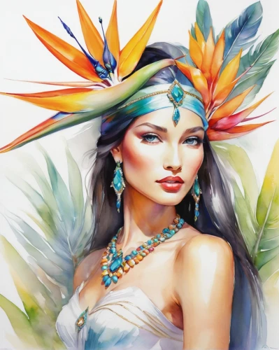 feather headdress,indian headdress,headdress,feather jewelry,boho art,color feathers,pocahontas,native american,bird of paradise,fantasy art,watercolor women accessory,american indian,tiger lily,fashion illustration,headpiece,cherokee,feathers,native,quetzal,world digital painting,Illustration,Paper based,Paper Based 11