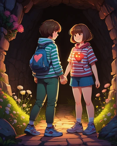 tunnel of plants,chasm,adventure game,hold hands,exploration,magical adventure,forest walk,dandelion hall,underground,stroll,chara,holding hands,flower dome,plant tunnel,into each other,encounter,exploring,underpass,flower shop,wishing well,Illustration,Realistic Fantasy,Realistic Fantasy 28