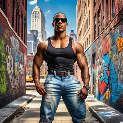 muscle icon,muscle man,muscular,bodybuilder,black businessman,muscle,bodybuilding,african american male,muscle angle,body building,macho,arms,bouncer,muscled,jeans background,strongman,muscular build,sleeveless shirt,male model,edge muscle,Illustration,Realistic Fantasy,Realistic Fantasy 21