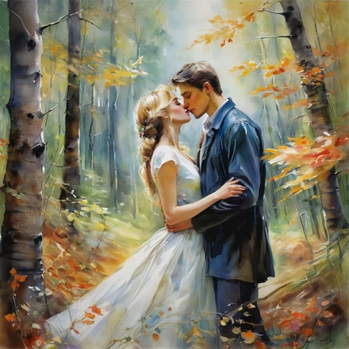 romantic portrait,oil painting on canvas,romantic scene,autumn idyll,oil painting,love in the mist,young couple,wedding couple,autumn background,dancing couple,art painting,photo painting,beautiful couple,fairytale,couple in love,wedding frame,love couple,autumn landscape,honeymoon,bride and groom,Illustration,Paper based,Paper Based 11