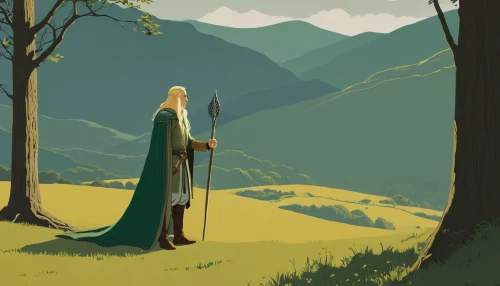 jrr tolkien,elven,gandalf,hobbit,the wanderer,elven forest,lord who rings,king arthur,norse,thorin,green meadow,the spirit of the mountains,wander,druid,wanderer,swath,druid grove,albus,link,pilgrimage,Illustration,Japanese style,Japanese Style 08