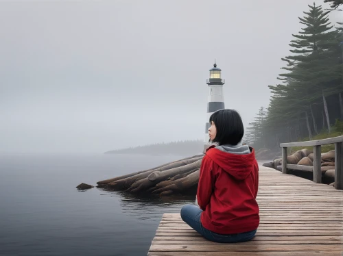 solitude,sea of fog,loneliness,girl in a long,to be alone,lighthouse,fog banks,calm waters,spaciousness,electric lighthouse,isolated,contemplation,peacefulness,contemplative,self hypnosis,calm water,lonely child,contemplate,solitary,longing,Art,Artistic Painting,Artistic Painting 29